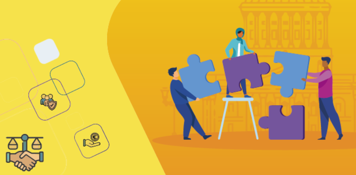 Illustrated front cover of report with three people completing a puzzle together